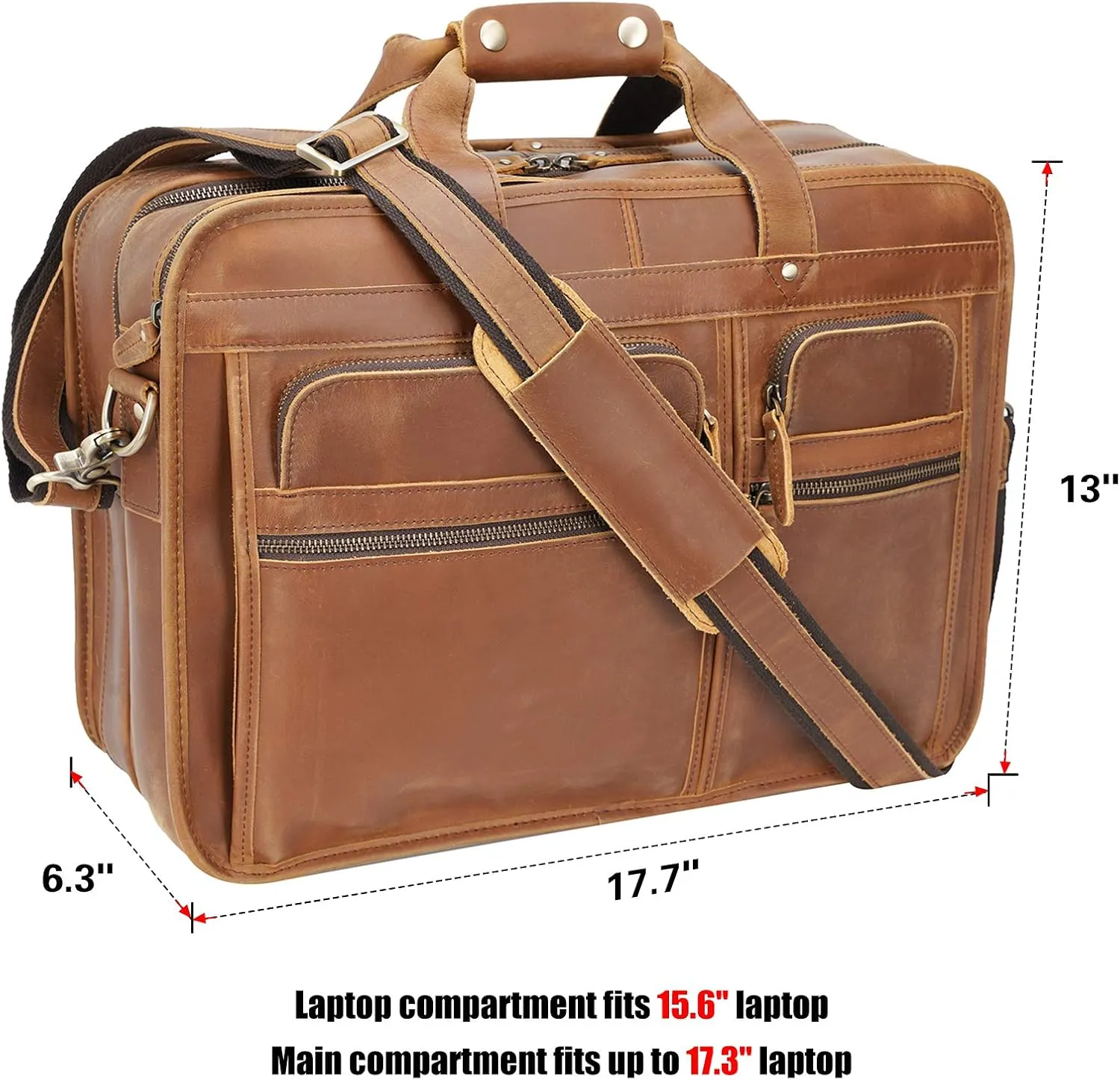Men's Full Grain Leather Briefcase Large 17 Inch Business Travel Laptop Messenger Bag Tote with YKK Metal Zippers