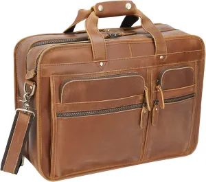 Men's Full Grain Leather Briefcase Large 17 Inch Business Travel Laptop Messenger Bag Tote with YKK Metal Zippers
