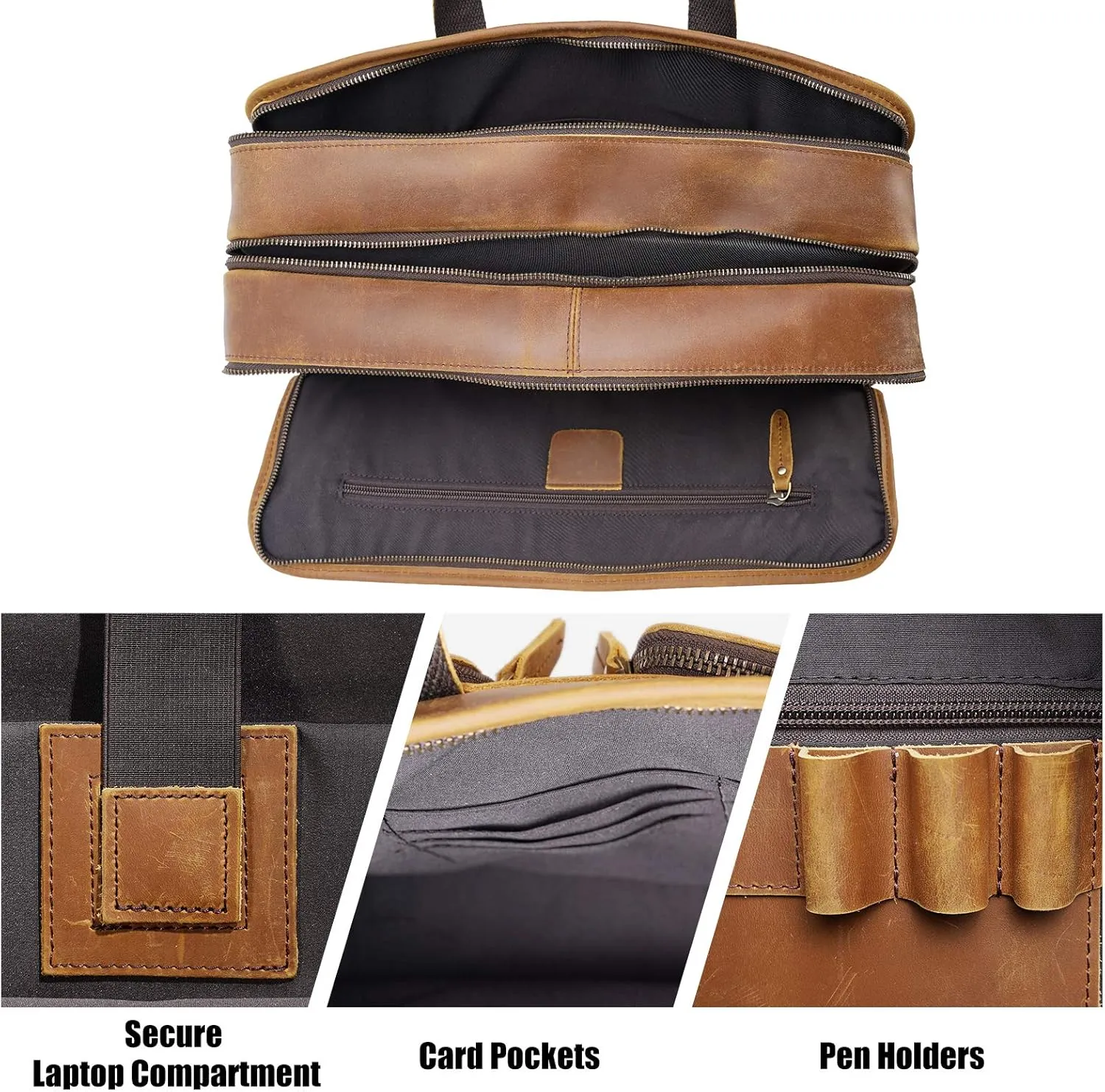 Men's Full Grain Leather Briefcase Large 17 Inch Business Travel Laptop Messenger Bag Tote with YKK Metal Zippers