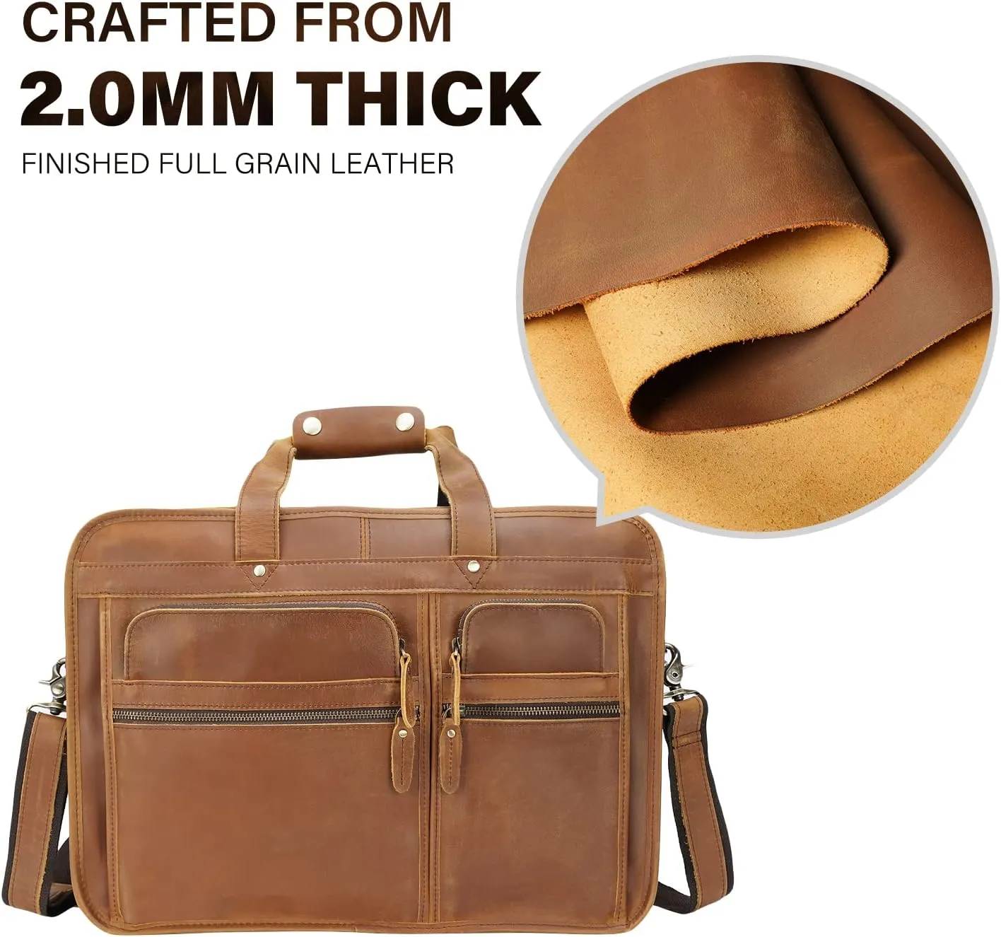Men's Full Grain Leather Briefcase Large 17 Inch Business Travel Laptop Messenger Bag Tote with YKK Metal Zippers