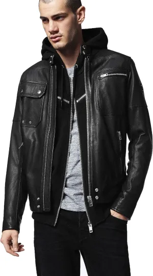 Mens leather jacket Motorcycle Bomber Black Real Leather Hoodie Jacket Men
