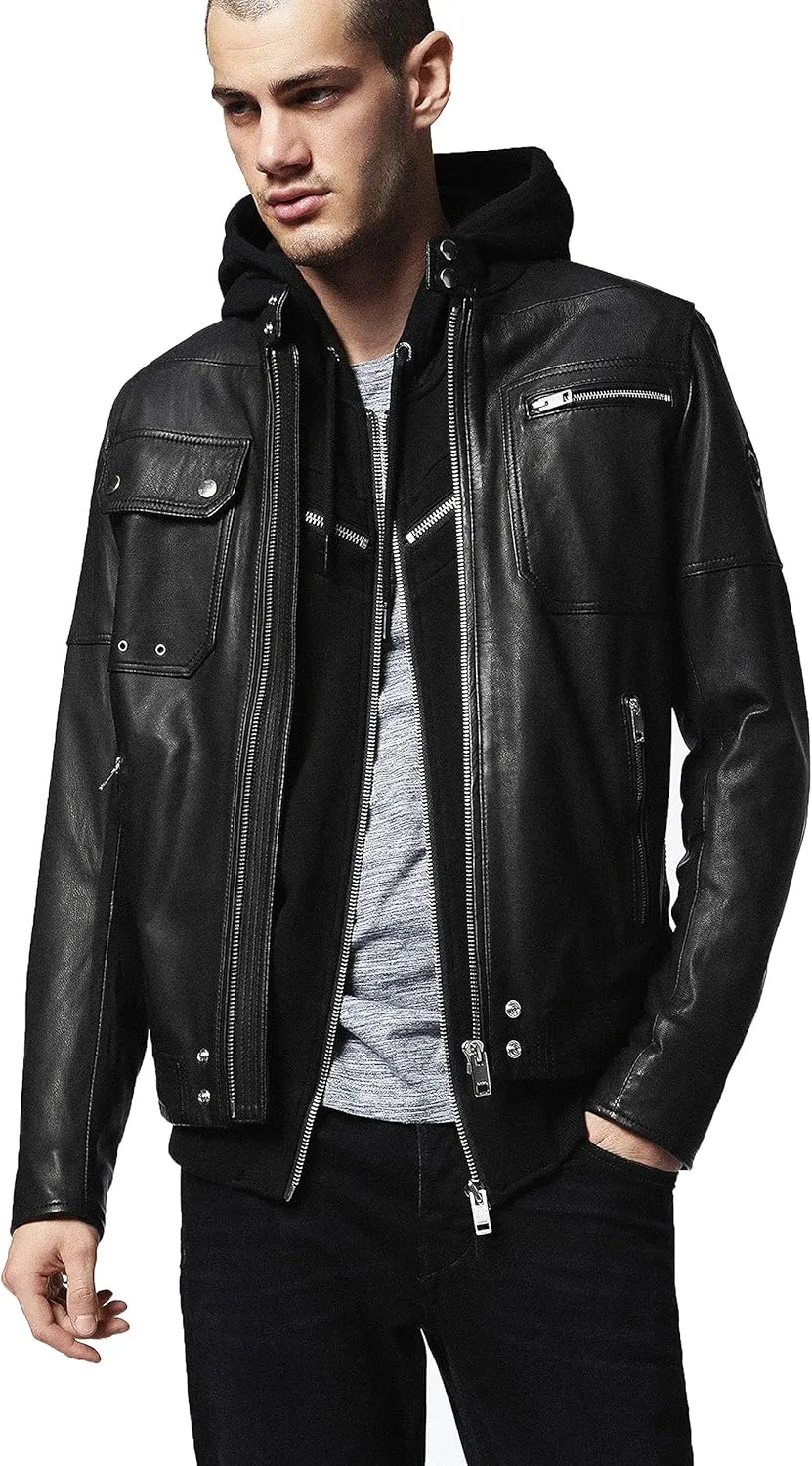 Mens leather jacket Motorcycle Bomber Black Real Leather Hoodie Jacket Men