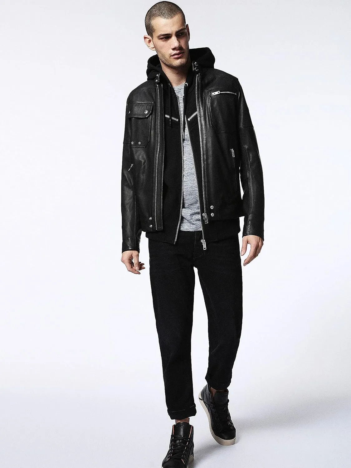 Mens leather jacket Motorcycle Bomber Black Real Leather Hoodie Jacket Men