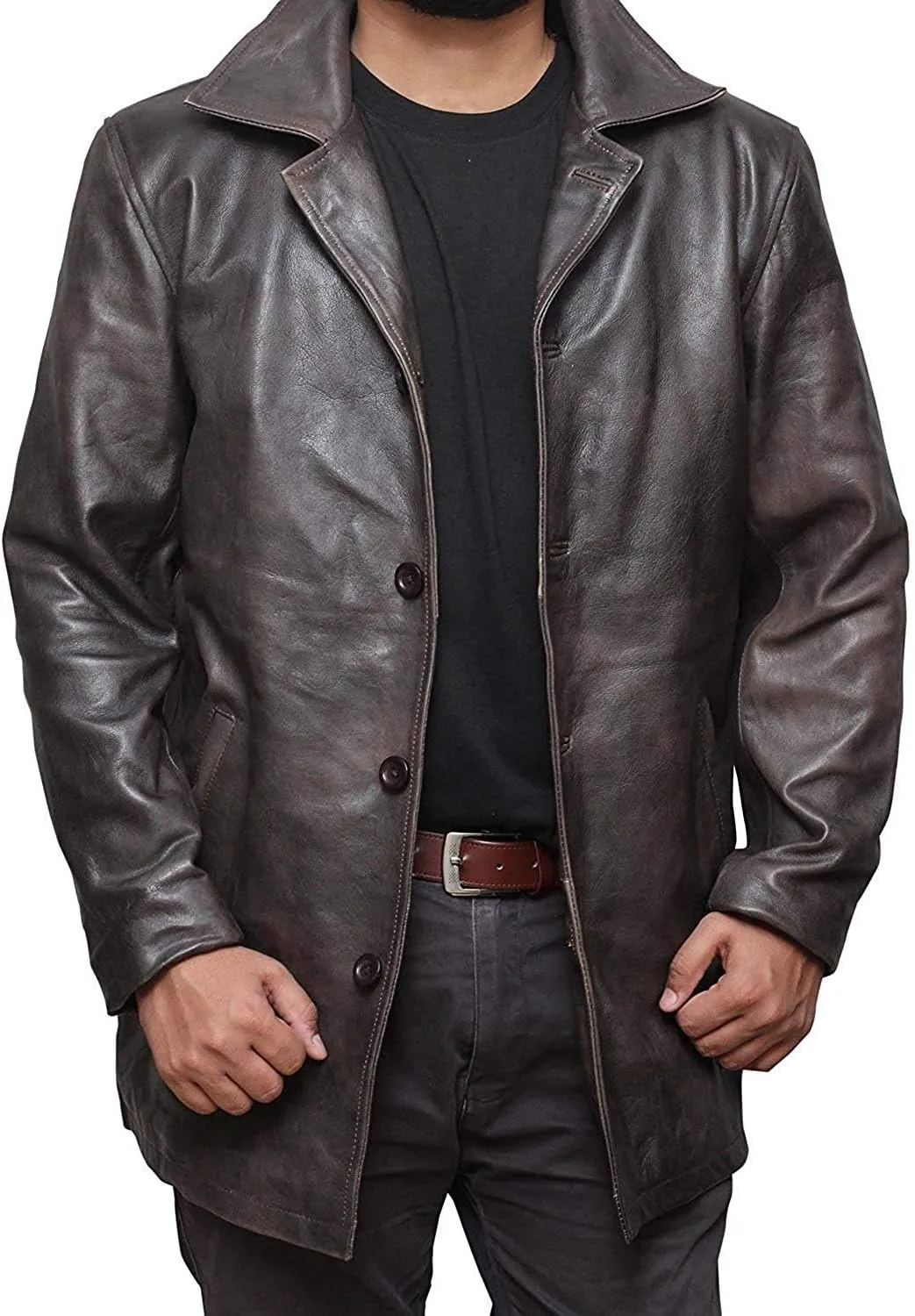 Mens Military Type Lambskin Leather Trench Coat