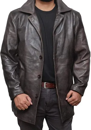 Mens Military Type Lambskin Leather Trench Coat