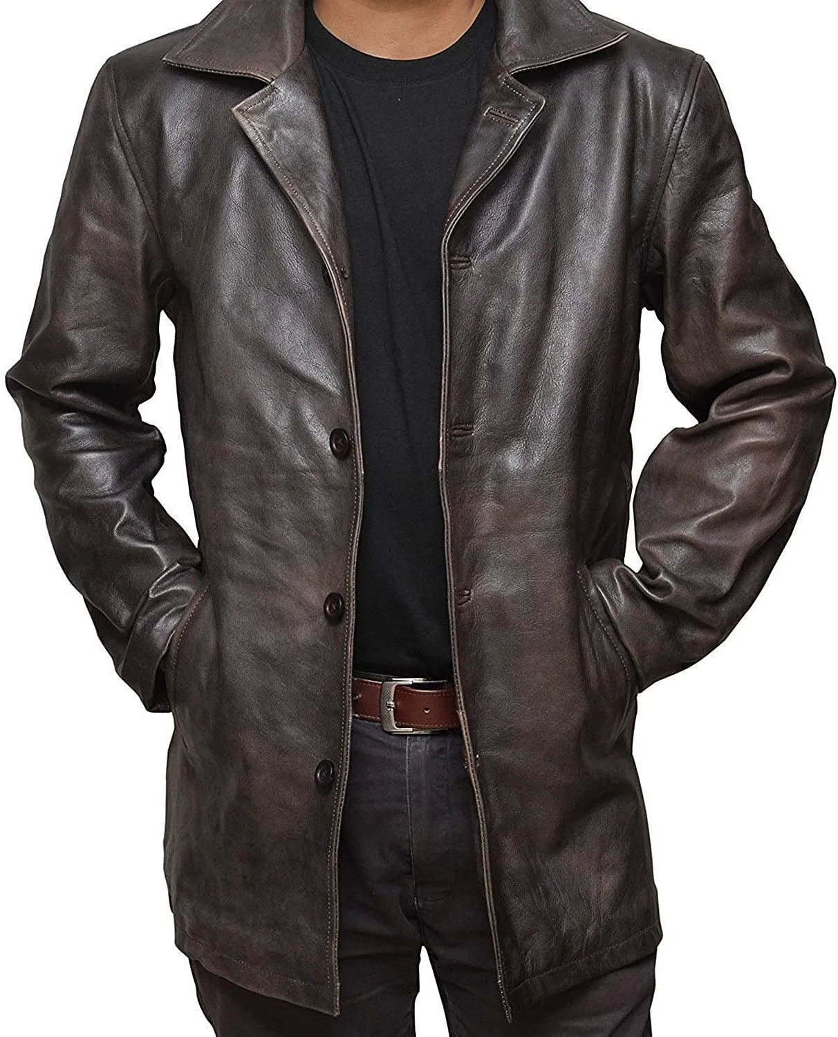 Mens Military Type Lambskin Leather Trench Coat