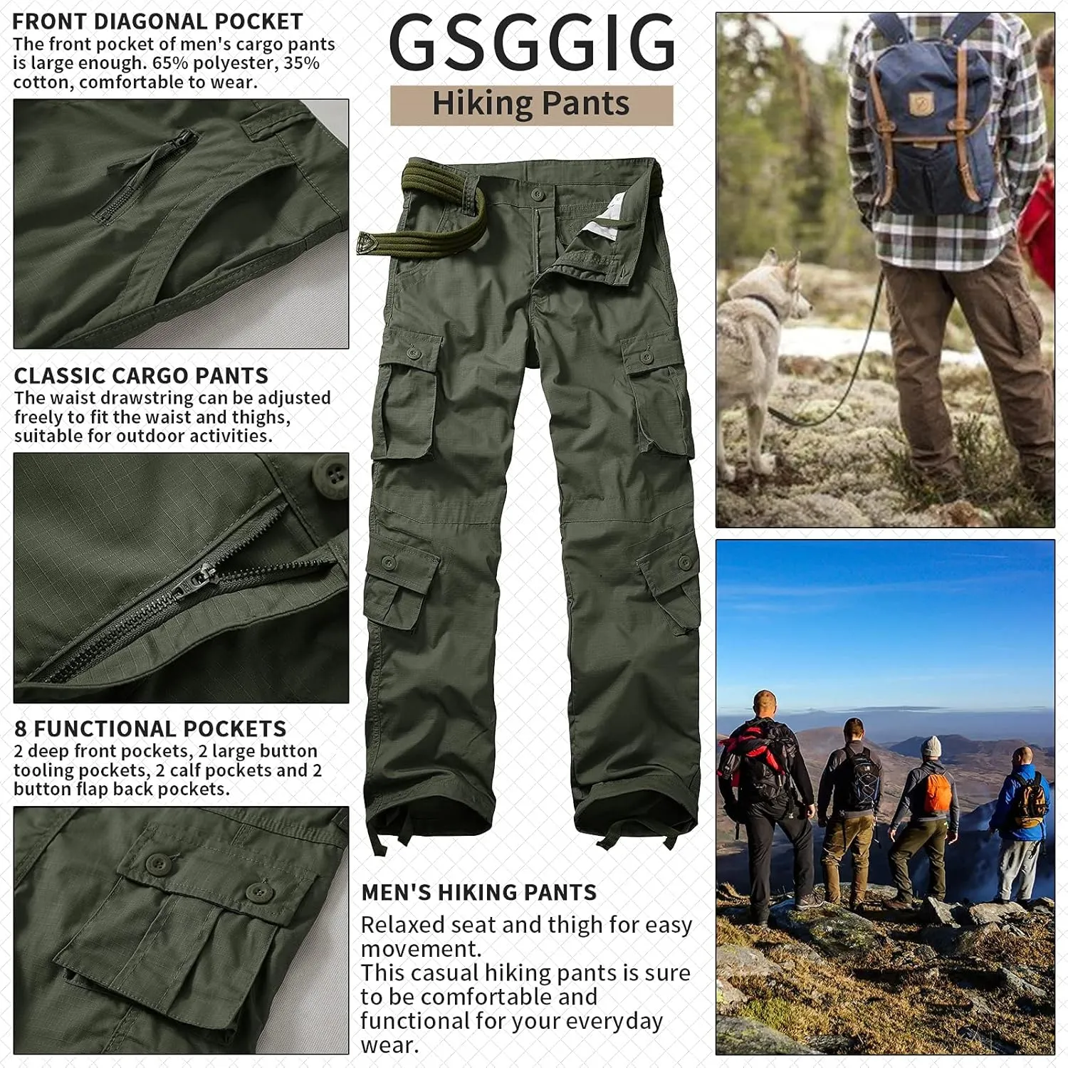 Men's Outdoor Hiking Pants, Tactical Pants Lightweight Casual Work Ripstop Cargo Pants for Men with Pockets