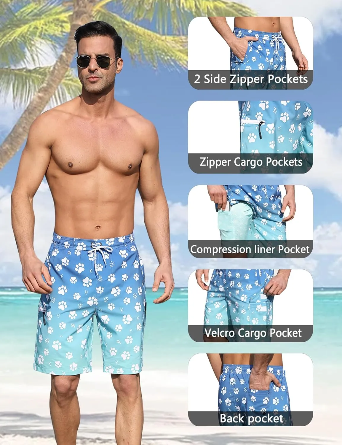 Mens Swim Trunks with Compression Liner 9 Inch Swim Shorts Bathing Suits Quick Dry Hiking Cargo Shorts with Zipper Pocket