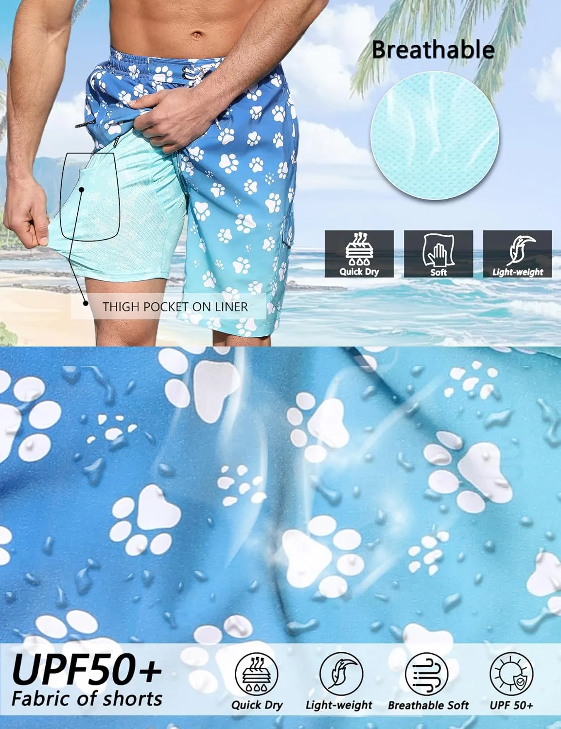 Mens Swim Trunks with Compression Liner 9 Inch Swim Shorts Bathing Suits Quick Dry Hiking Cargo Shorts with Zipper Pocket