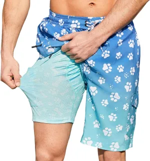 Mens Swim Trunks with Compression Liner 9 Inch Swim Shorts Bathing Suits Quick Dry Hiking Cargo Shorts with Zipper Pocket