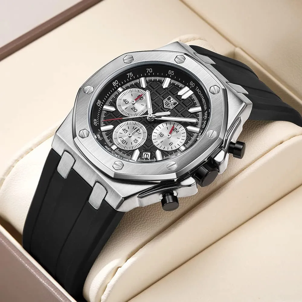 Men's Watch Silicone Band, Quartz Analog Waterproof Multifunction Chronograph Sports Watch for Men with Calendar Black Rubber Strap