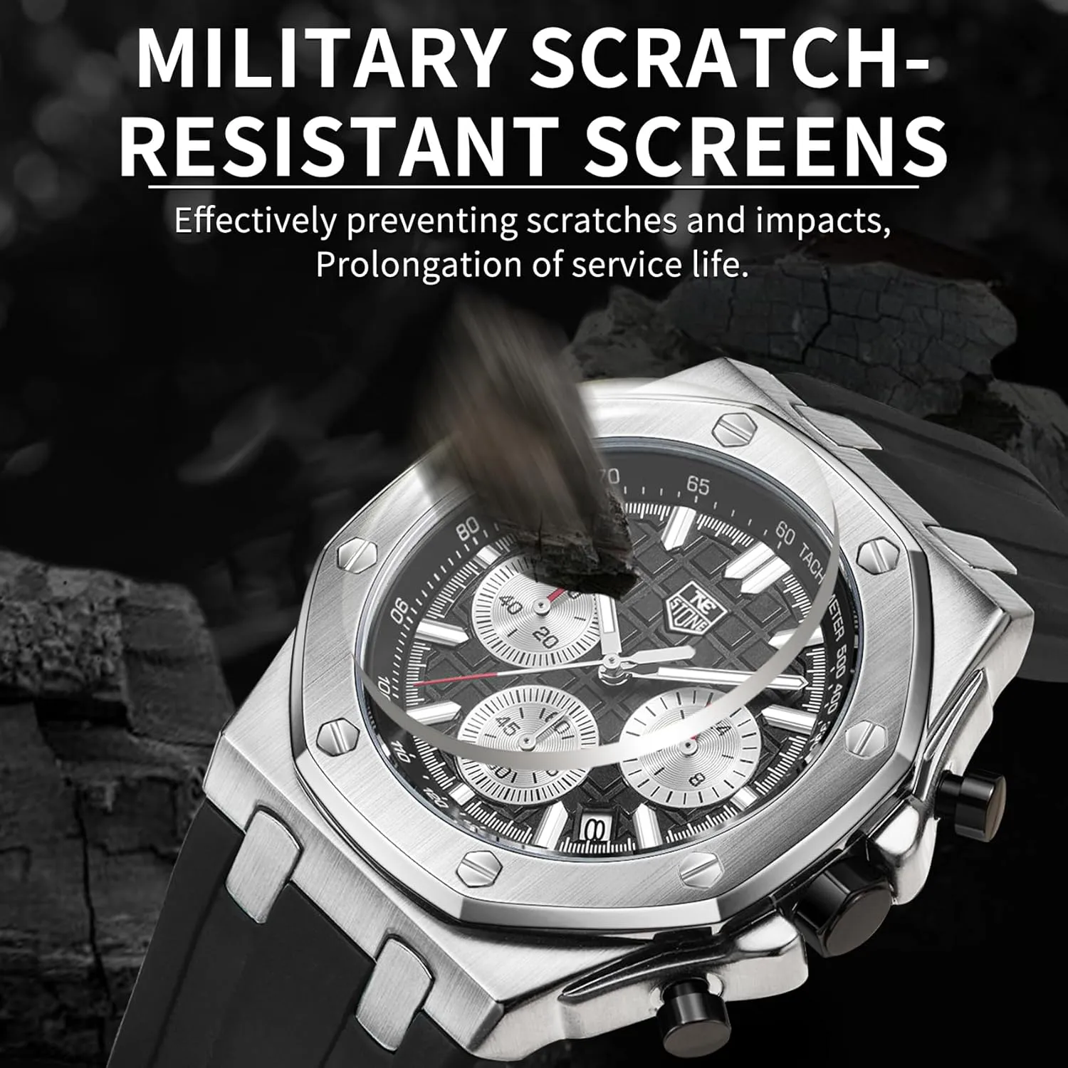 Men's Watch Silicone Band, Quartz Analog Waterproof Multifunction Chronograph Sports Watch for Men with Calendar Black Rubber Strap
