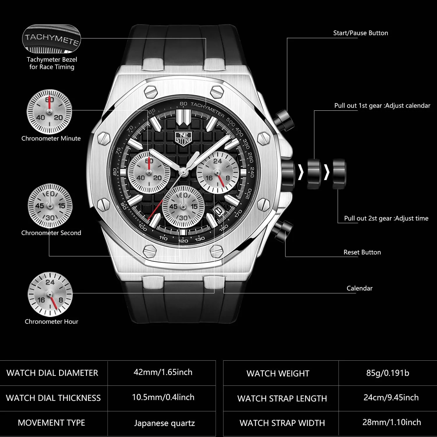 Men's Watch Silicone Band, Quartz Analog Waterproof Multifunction Chronograph Sports Watch for Men with Calendar Black Rubber Strap