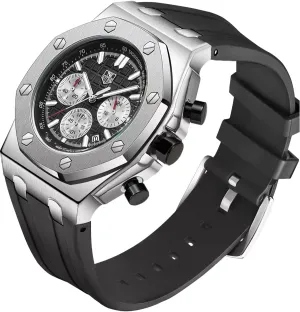 Men's Watch Silicone Band, Quartz Analog Waterproof Multifunction Chronograph Sports Watch for Men with Calendar Black Rubber Strap