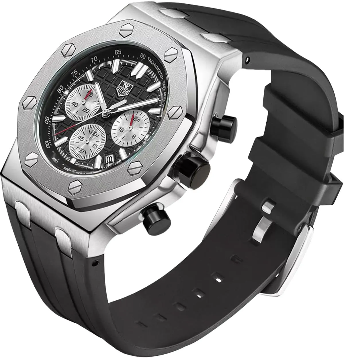 Men's Watch Silicone Band, Quartz Analog Waterproof Multifunction Chronograph Sports Watch for Men with Calendar Black Rubber Strap