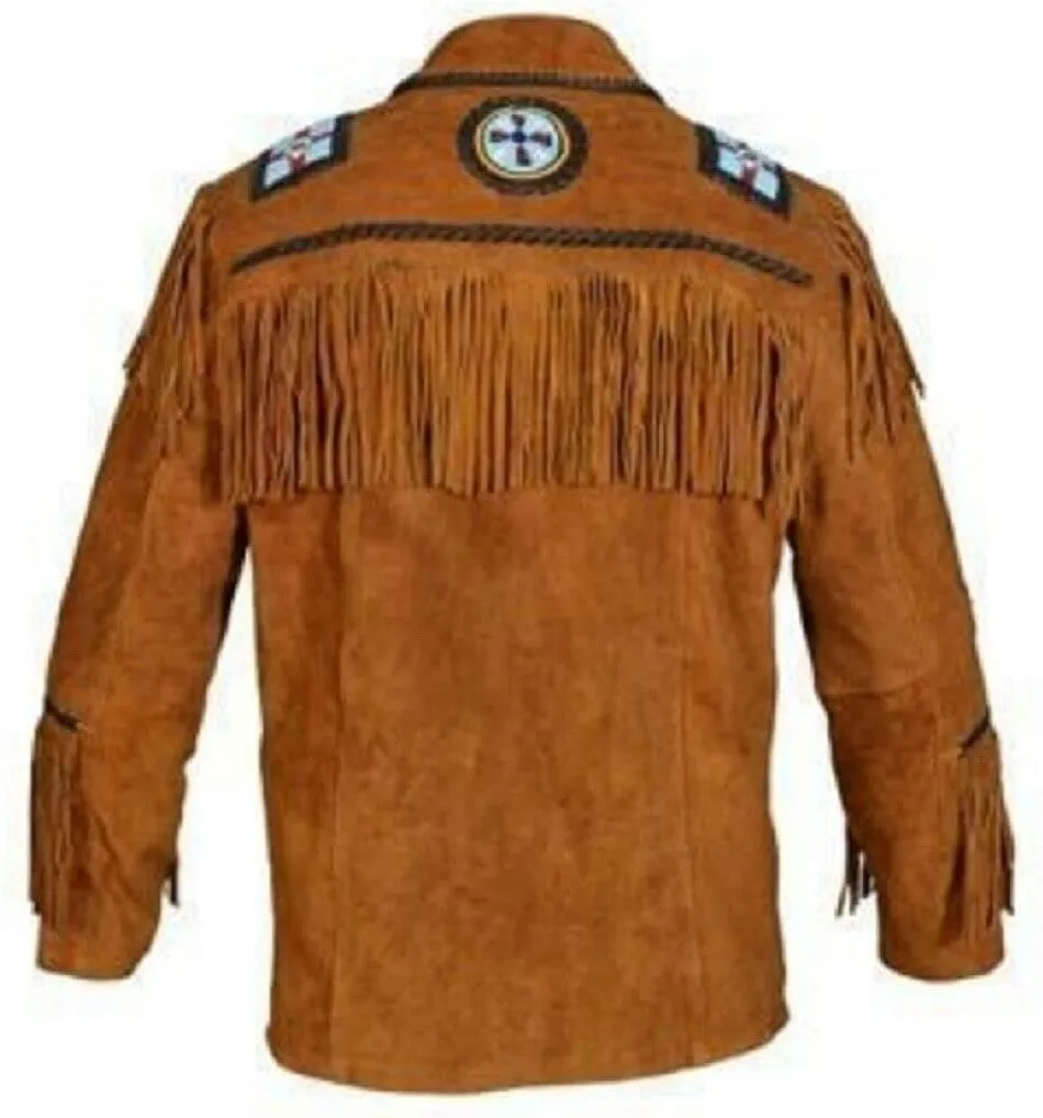 Men's Western Cowboy Leather Jacket with Fringed Native American Suede Beaded Traditional Leather Coat