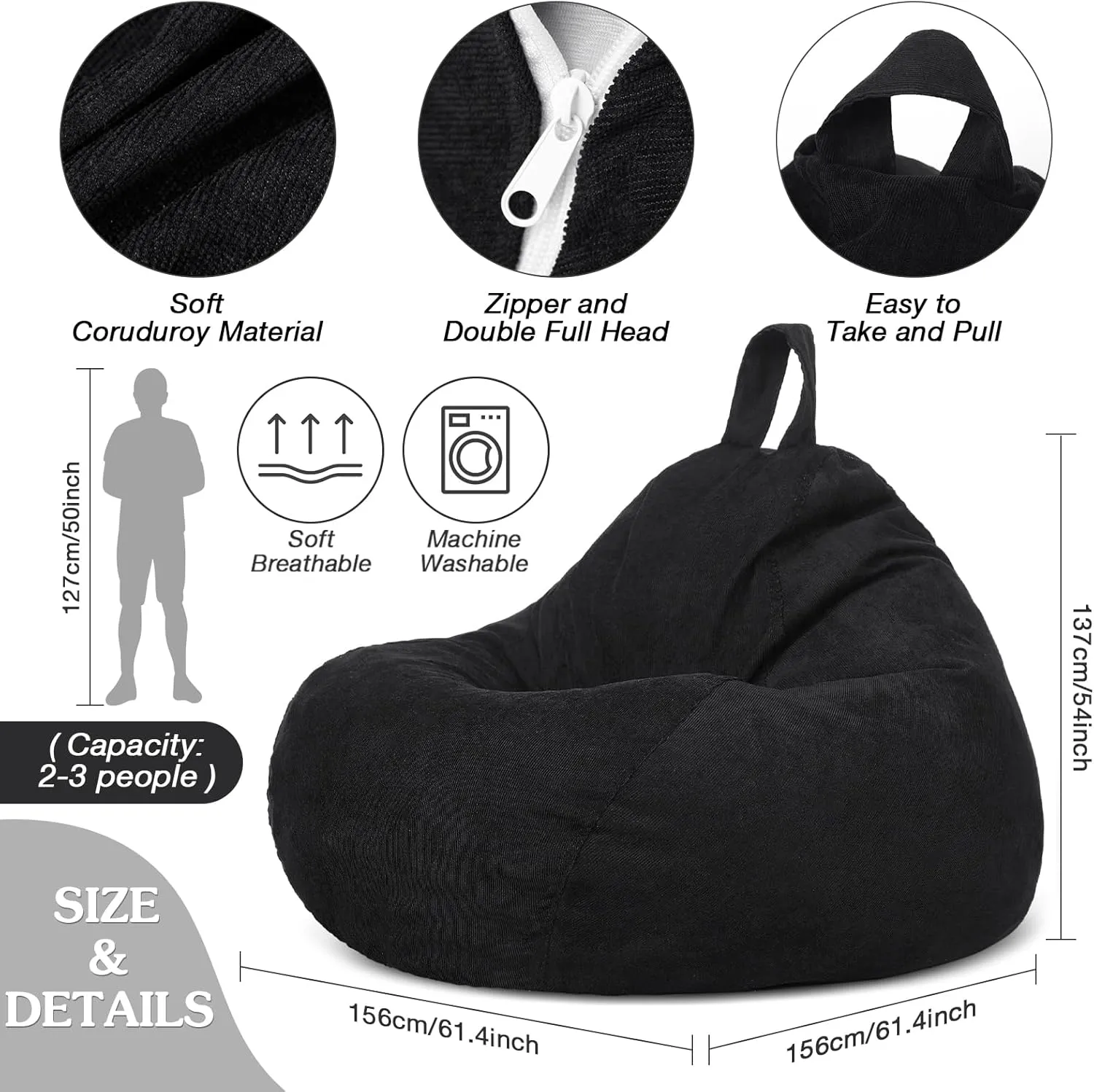 Meonum 61.4 x 54 Inch Giant Bean Bag Chair Cover (No Filler) for Kids Stuffed Storage Bean Bag Chair Cover with Inner Liners Christmas Gift for Easy Cleaning Bean Bag for Organizing(Black)
