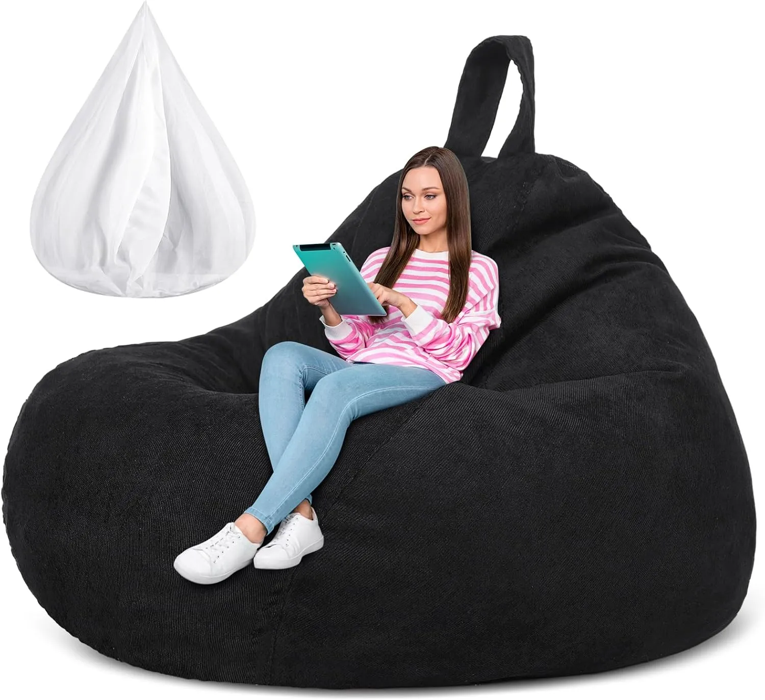 Meonum 61.4 x 54 Inch Giant Bean Bag Chair Cover (No Filler) for Kids Stuffed Storage Bean Bag Chair Cover with Inner Liners Christmas Gift for Easy Cleaning Bean Bag for Organizing(Black)
