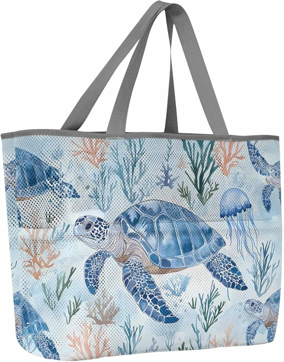 Mesh Beach Bag Oversized Tote Bags for Women Blue Sea Turtle Coral Jellyfish Large Travel Pool Bags with 8 Pockets