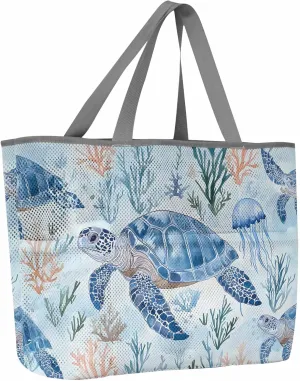 Mesh Beach Bag Oversized Tote Bags for Women Blue Sea Turtle Coral Jellyfish Large Travel Pool Bags with 8 Pockets