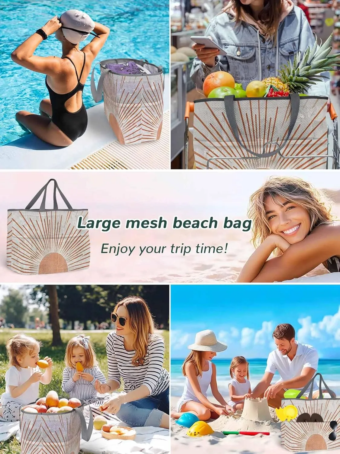 Mesh Beach Bag Oversized Tote Bags for Women Boho Sun Arch Orange Stripe Large Travel Pool Bags with 8 Pockets