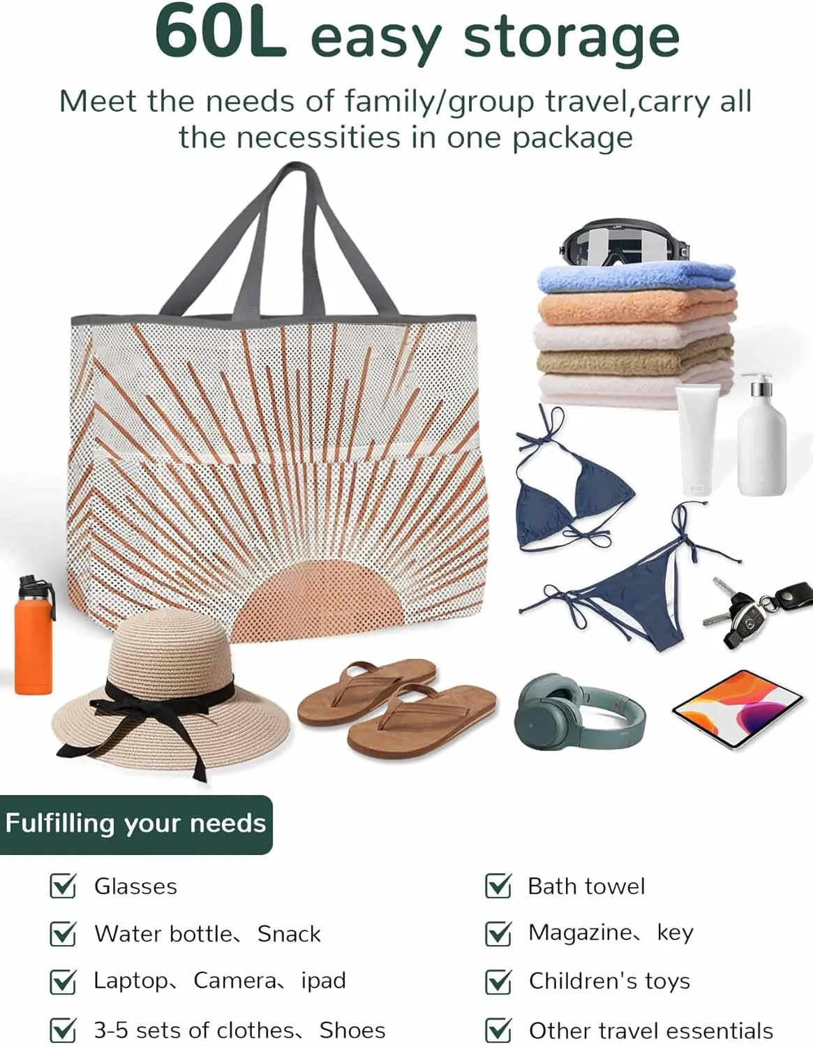 Mesh Beach Bag Oversized Tote Bags for Women Boho Sun Arch Orange Stripe Large Travel Pool Bags with 8 Pockets