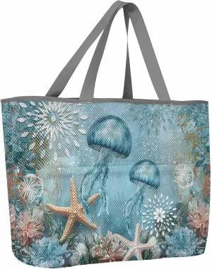 Mesh Beach Bag Oversized Tote Bags for Women Ocean Jellyfish Starfish Sea Large Travel Pool Bags with 8 Pockets