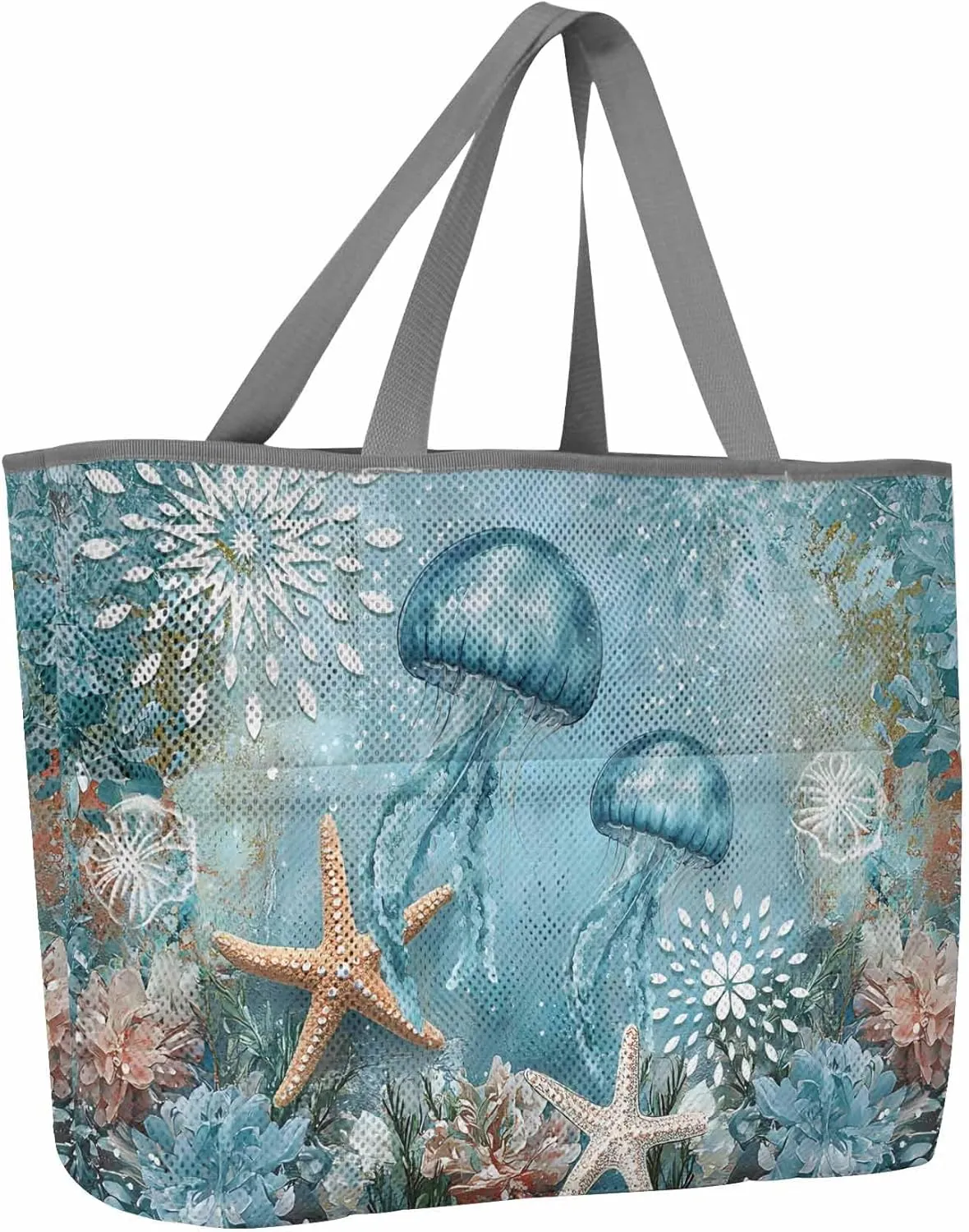 Mesh Beach Bag Oversized Tote Bags for Women Ocean Jellyfish Starfish Sea Large Travel Pool Bags with 8 Pockets