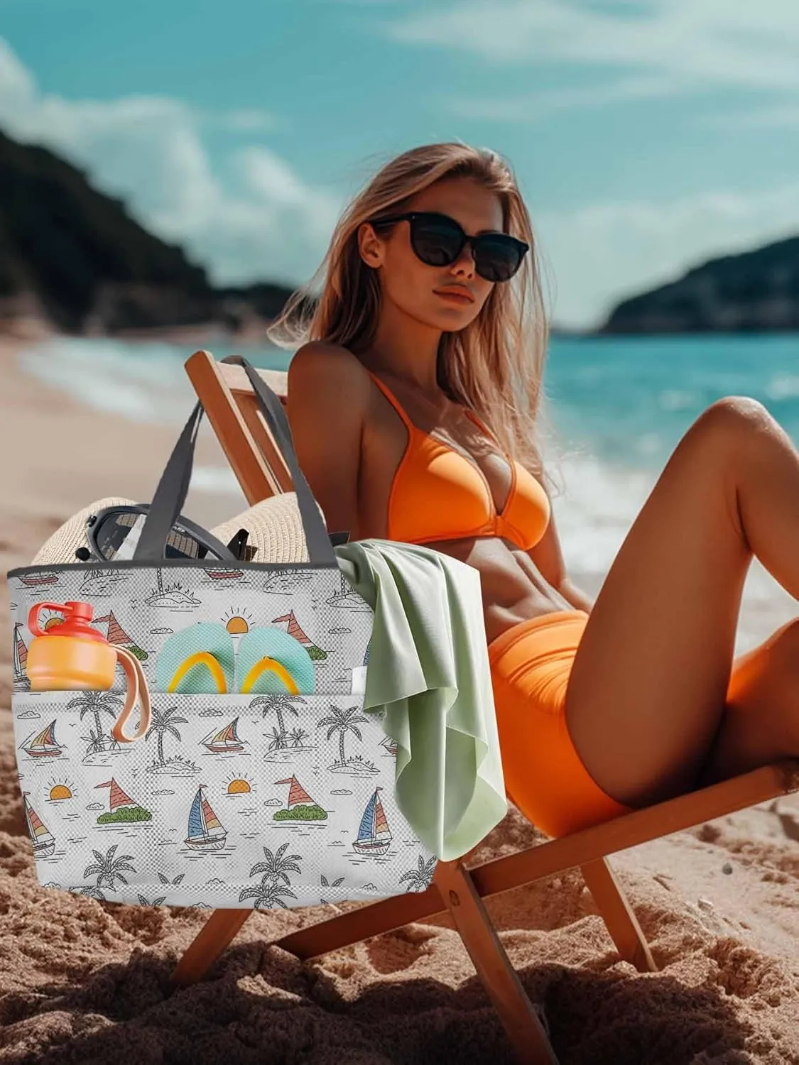 Mesh Beach Bag Oversized Tote Bags for Women Summer Coconut Tree Sailboat Large Travel Pool Bags with 8 Pockets