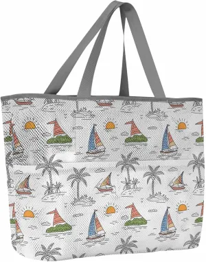 Mesh Beach Bag Oversized Tote Bags for Women Summer Coconut Tree Sailboat Large Travel Pool Bags with 8 Pockets