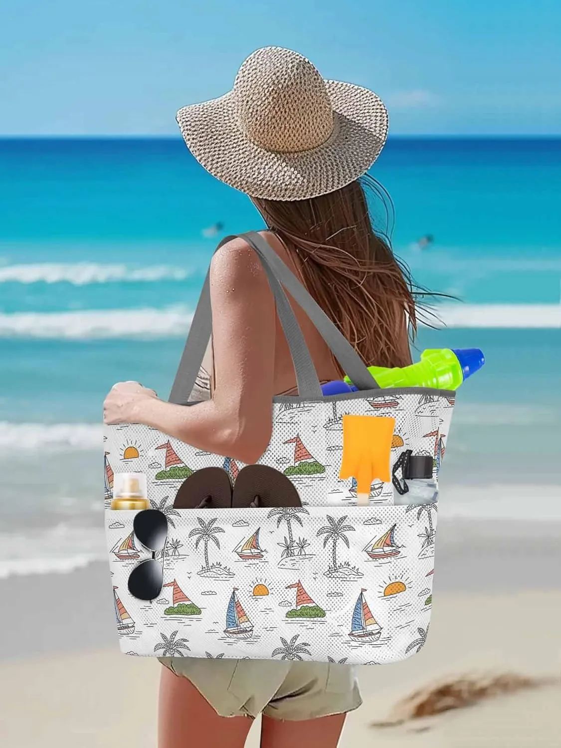 Mesh Beach Bag Oversized Tote Bags for Women Summer Coconut Tree Sailboat Large Travel Pool Bags with 8 Pockets