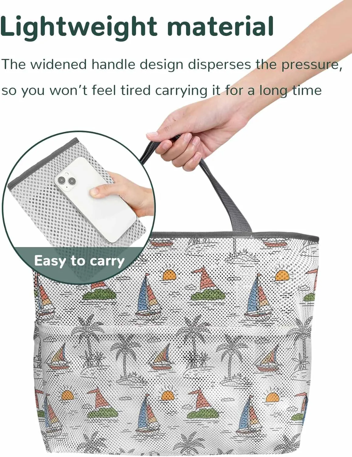 Mesh Beach Bag Oversized Tote Bags for Women Summer Coconut Tree Sailboat Large Travel Pool Bags with 8 Pockets
