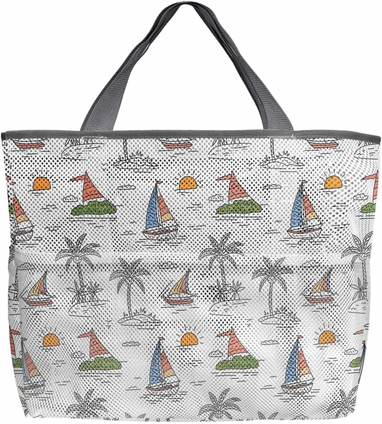 Mesh Beach Bag Oversized Tote Bags for Women Summer Coconut Tree Sailboat Large Travel Pool Bags with 8 Pockets