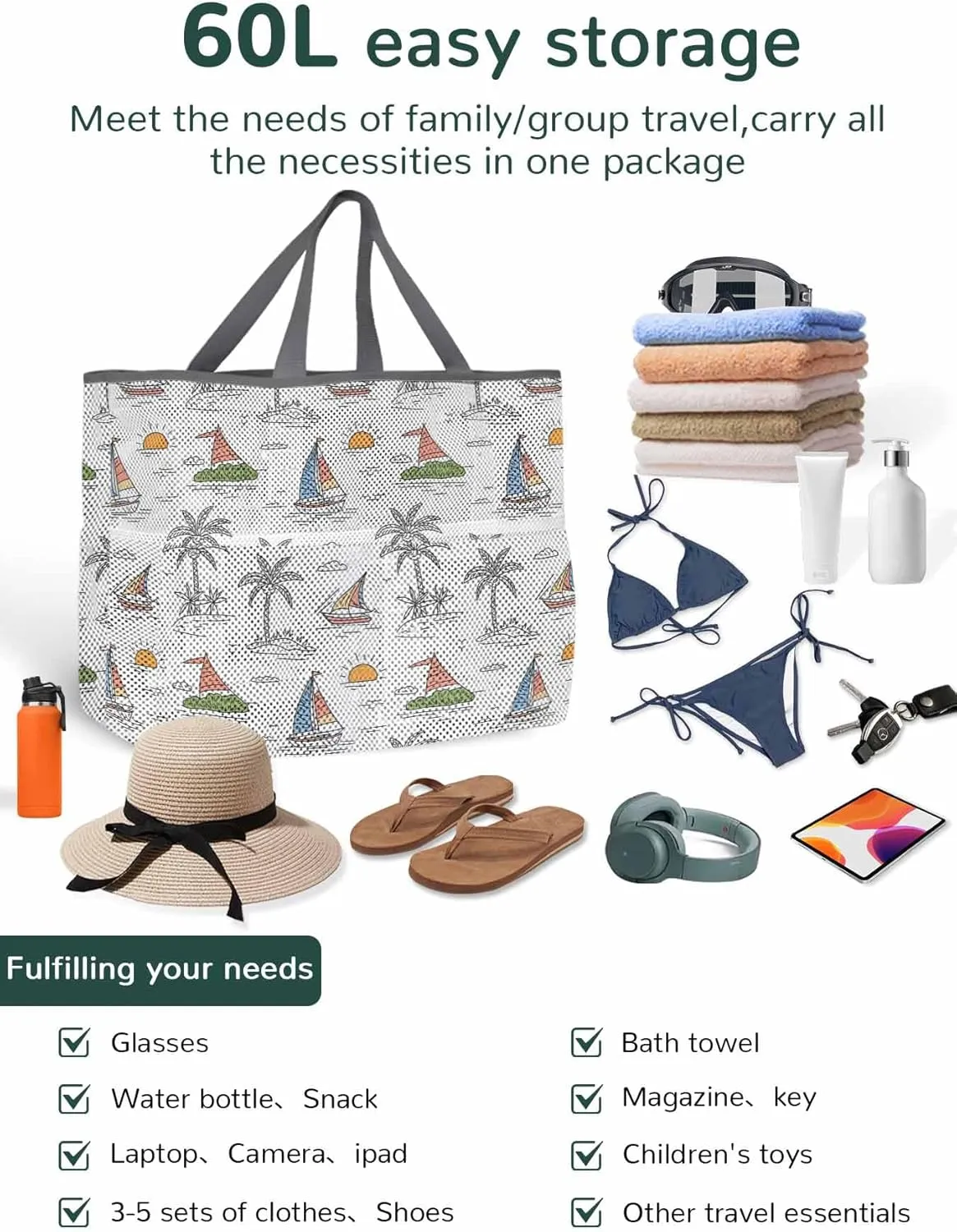 Mesh Beach Bag Oversized Tote Bags for Women Summer Coconut Tree Sailboat Large Travel Pool Bags with 8 Pockets