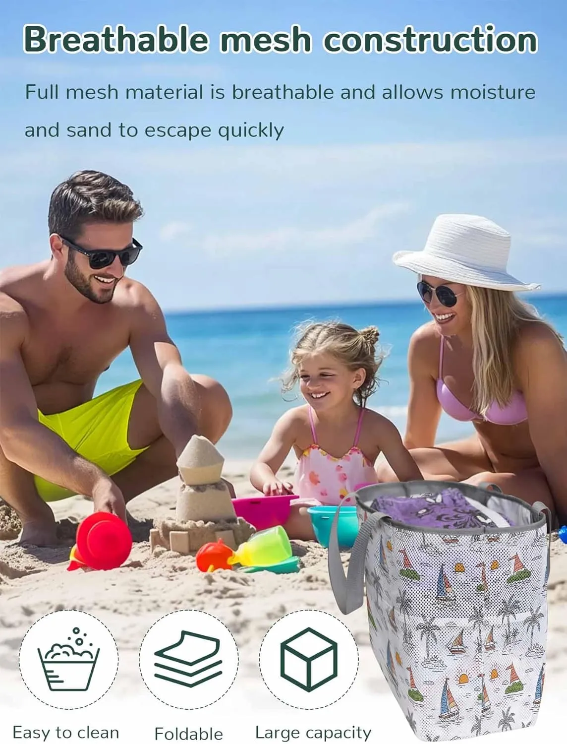 Mesh Beach Bag Oversized Tote Bags for Women Summer Coconut Tree Sailboat Large Travel Pool Bags with 8 Pockets