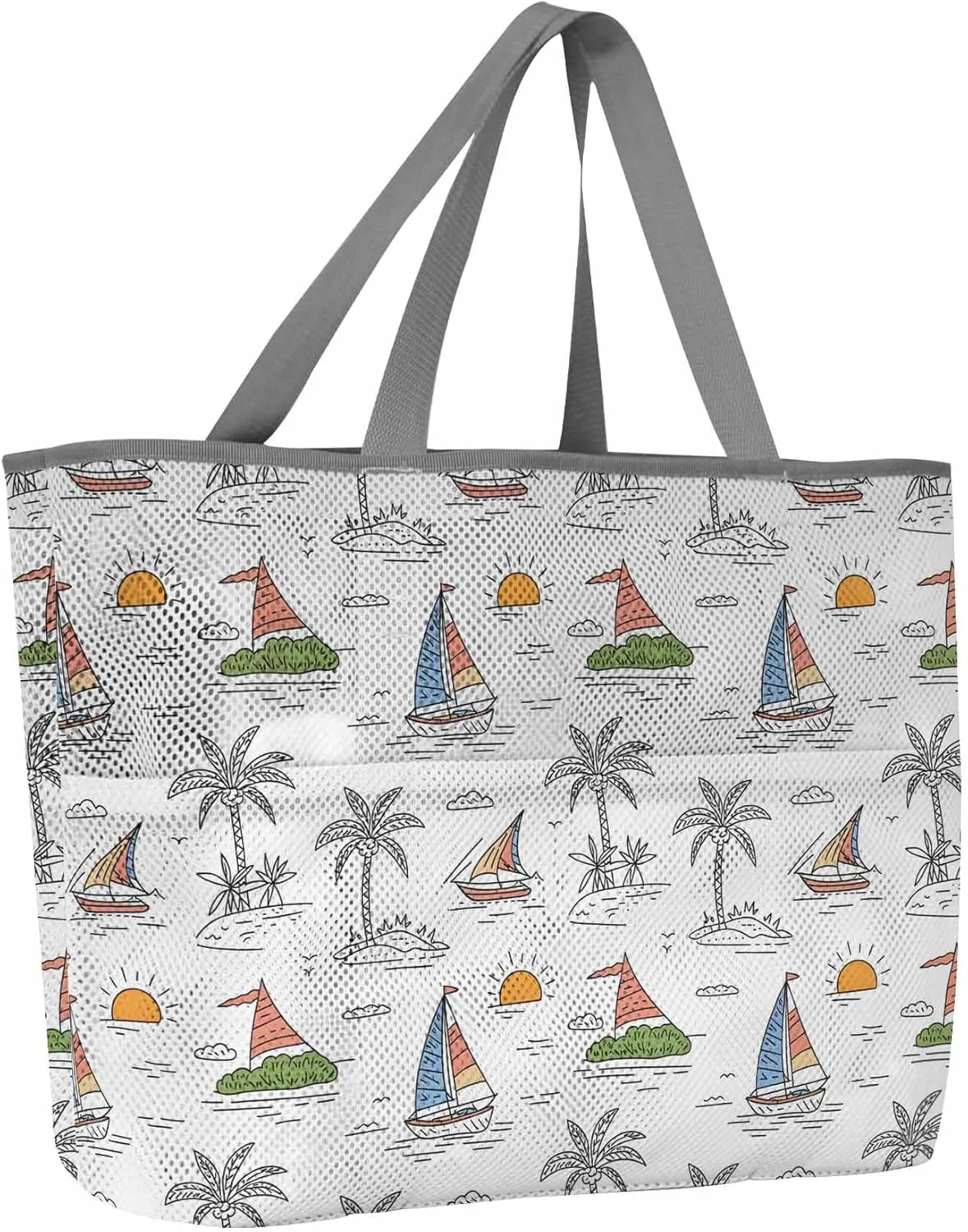 Mesh Beach Bag Oversized Tote Bags for Women Summer Coconut Tree Sailboat Large Travel Pool Bags with 8 Pockets