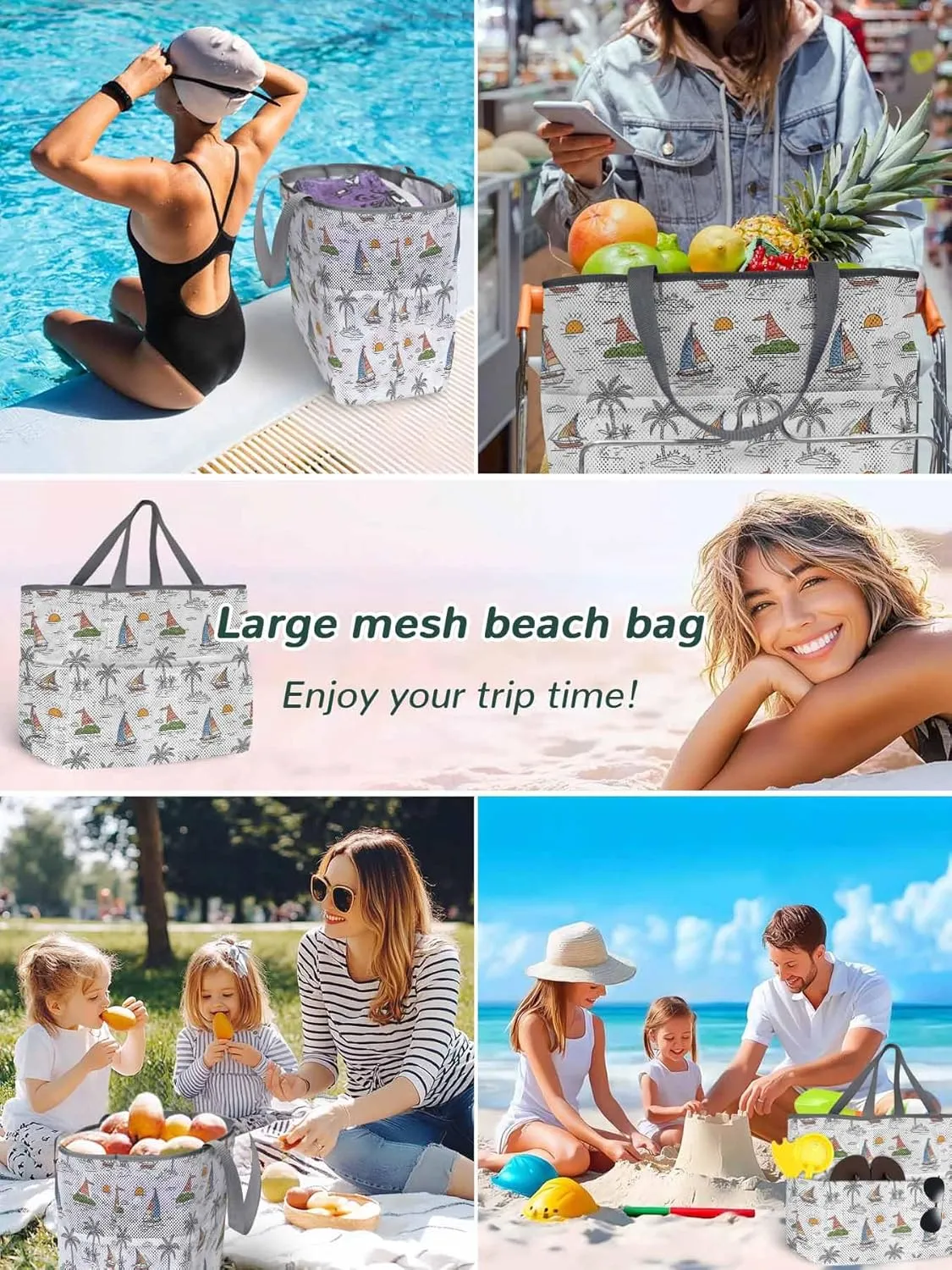 Mesh Beach Bag Oversized Tote Bags for Women Summer Coconut Tree Sailboat Large Travel Pool Bags with 8 Pockets