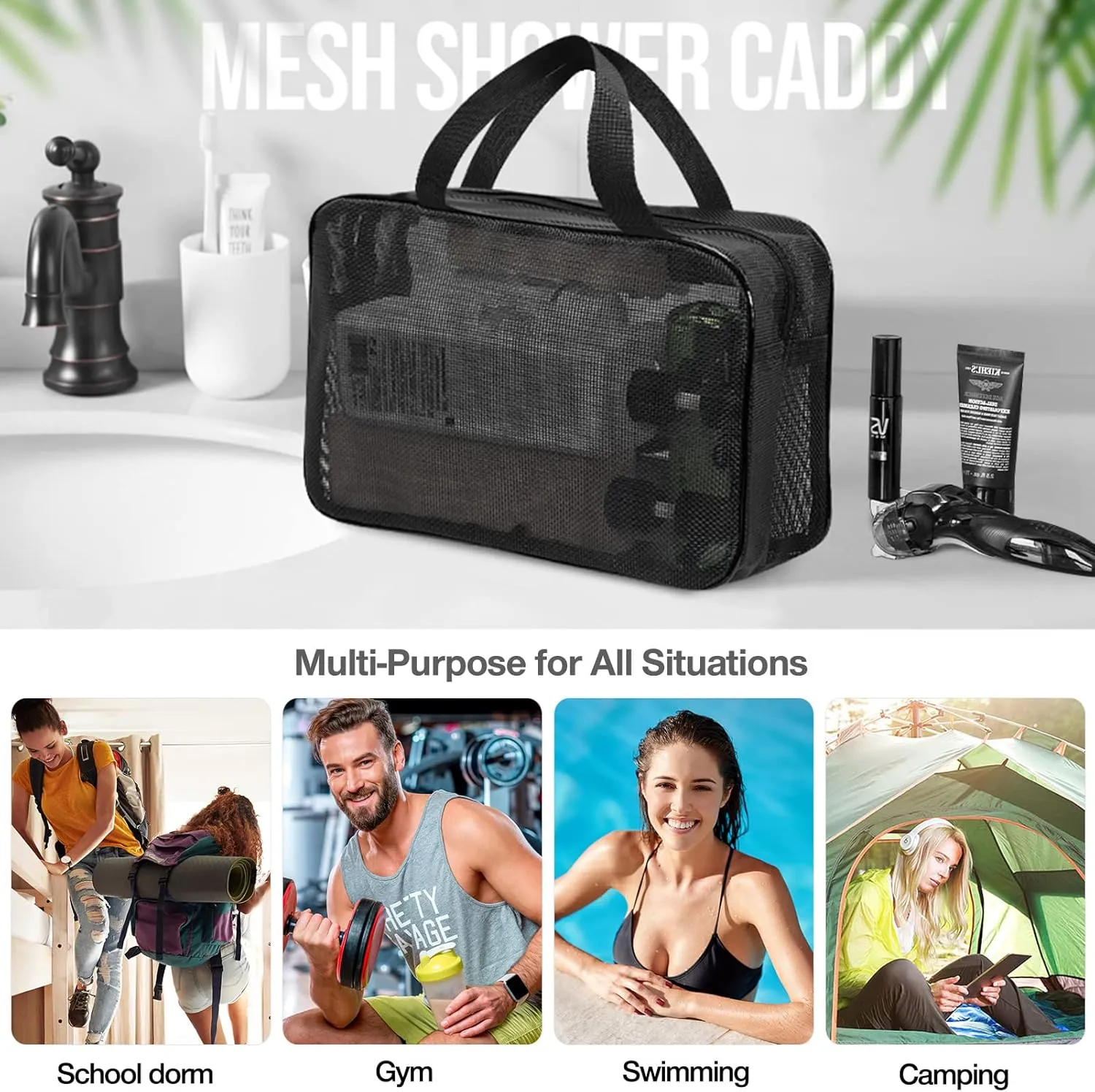 Mesh Shower Caddy Mash Shower Bag Black Portable Mesh Accessories Organizer Tote for Gym College Dorm Room (Black-Large)