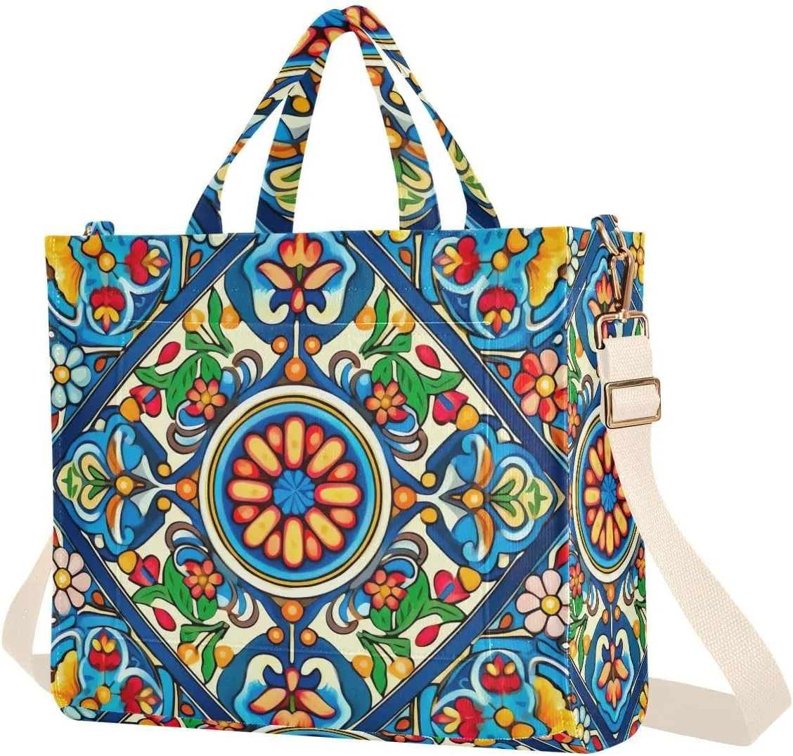 Mexican Ceramic Tile Corduroy Tote Bag for Women Hobo Crossbody Bag Purse Stylish Shoulder Handbag Messenger Bags, S