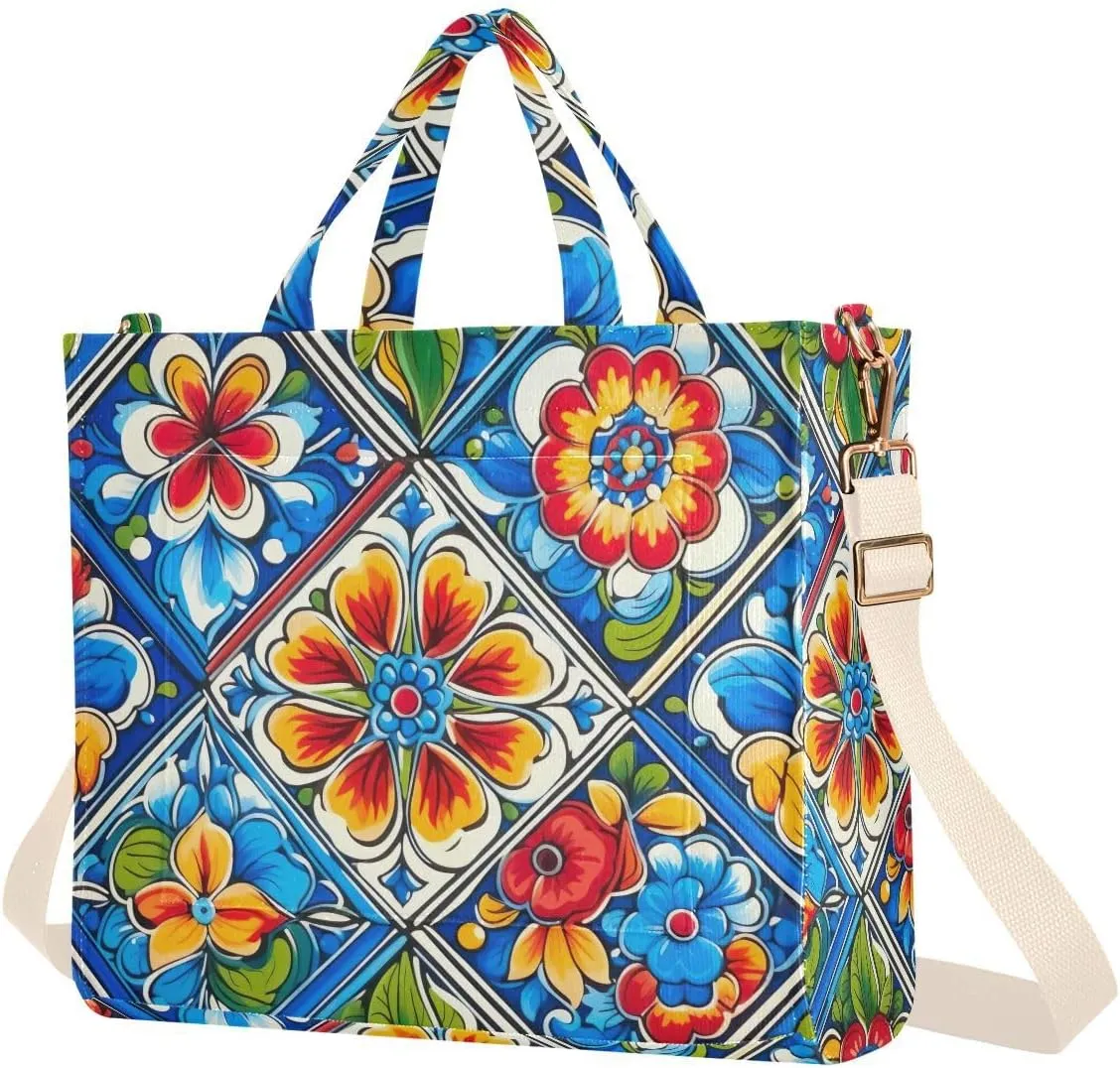 Mexican Ceramic Tile Corduroy Tote Bag for Women Hobo Crossbody Bag Purse Stylish Shoulder Handbag Messenger Bags, S