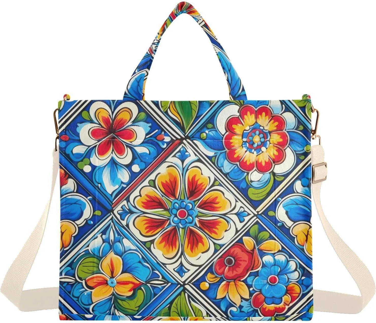 Mexican Ceramic Tile Corduroy Tote Bag for Women Hobo Crossbody Bag Purse Stylish Shoulder Handbag Messenger Bags, S