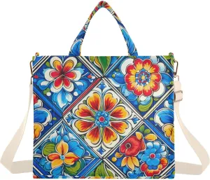 Mexican Ceramic Tile Corduroy Tote Bag for Women Hobo Crossbody Bag Purse Stylish Shoulder Handbag Messenger Bags, S