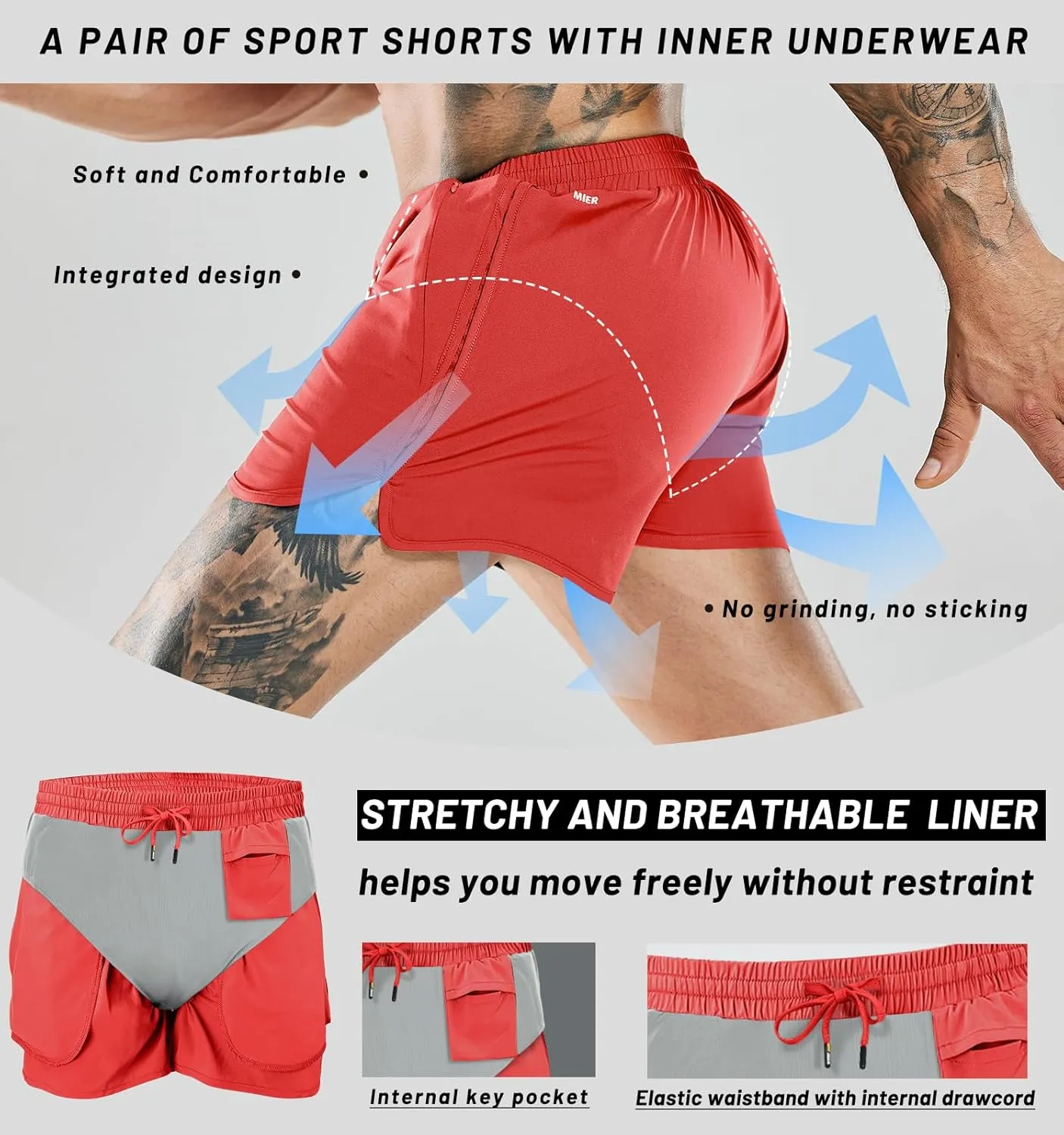 MIER Men's 3 Inches Quick Dry Running Shorts Liner Lightweight Water Resistant Athletic Workout Lined Shorts