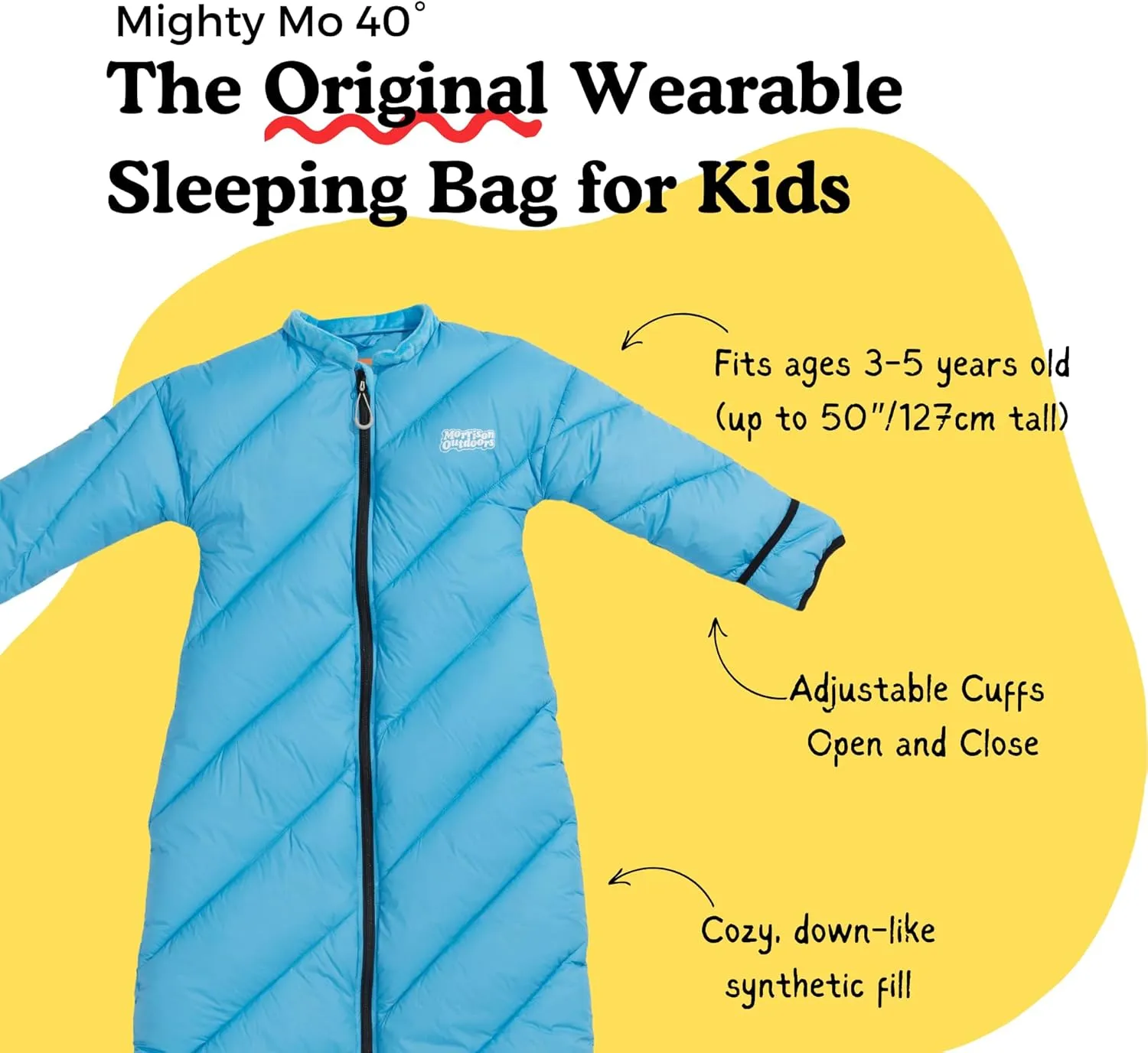 Mighty Mo 40° Kids Sleeping Bag (Ages 3-5). The Comfiest, Coziest Camping Sleeping Bag for Kids, with Adjustable Cuffs.