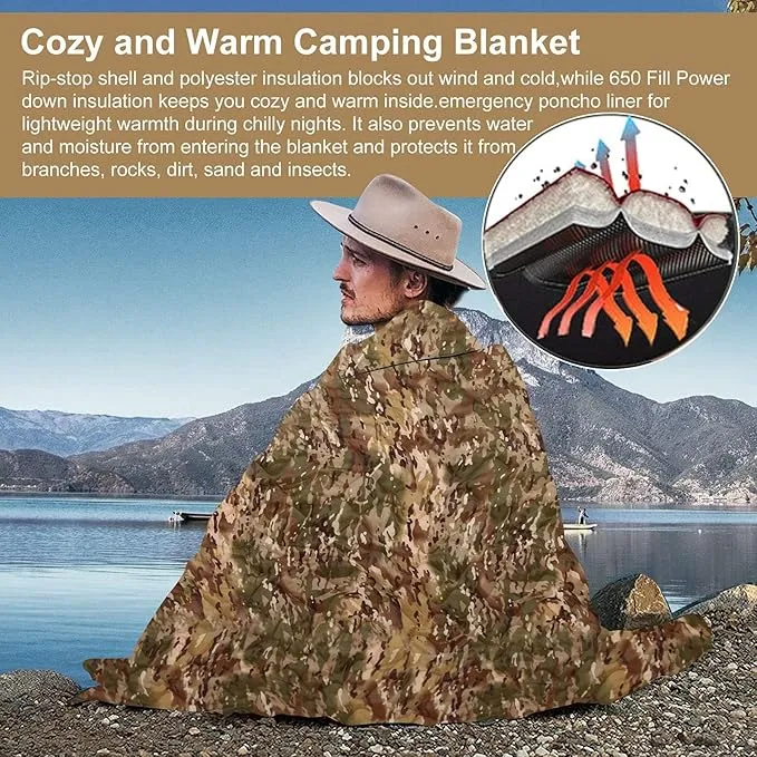 Military Woobie Blanket Thermal Insulated Poncho Liner Camping with Drawstring Carry Bag Waterproof for Outdoor Hiking