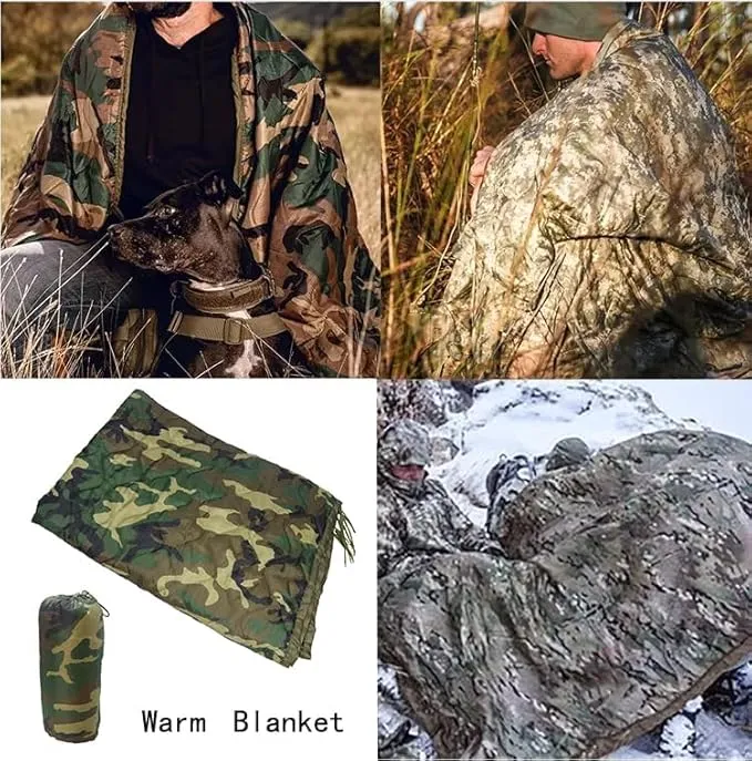 Military Woobie Blanket Thermal Insulated Poncho Liner Camping with Drawstring Carry Bag Waterproof for Outdoor Hiking
