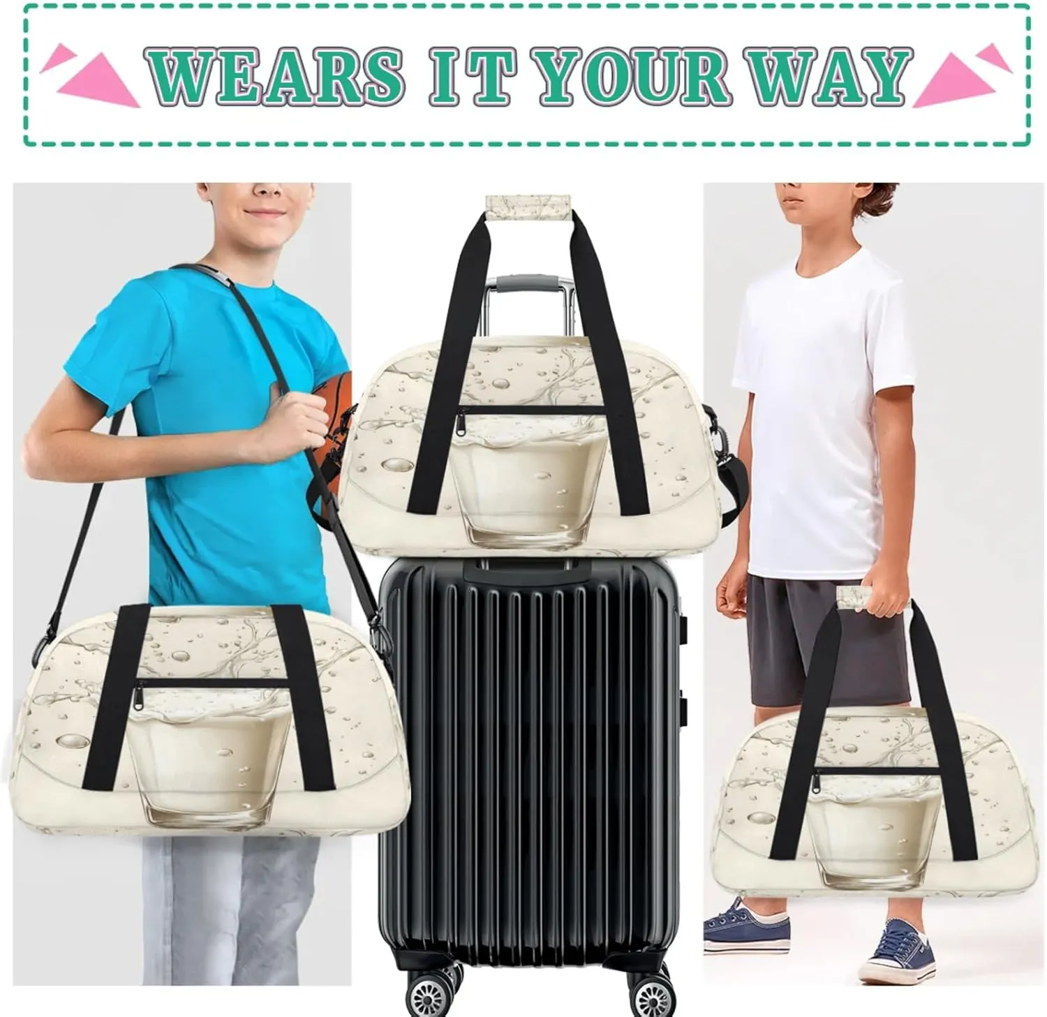 Milk Drinks Small Gym Bag for Women Men, Funny Travel Duffle Bag Workout Dance Tote Bag Carry On Overnight Weekender Bag
