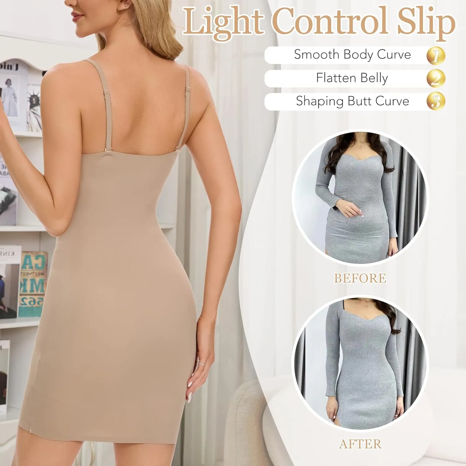 MISS MOLY Shapewear Dress Slip for Women Full Slip Tummy Control Body Shaper Seamless Cami Dress with Adjustable Strap