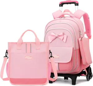 MITOWERMI Rolling Backpack for Girls 3Pcs Elementary School Bag Cute Bowknot Backpack with Wheels Girls Bookbags with Handbag Trolley Bags Kids Carry-On Luggage
