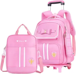 MITOWERMI Rolling Backpack for Girls Cute Trolley Bags Primary School Bookbags with Wheels Kids Carry-On Wheeled Backpack with Lunch Bag